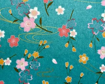 Origami - Yuzen Washi - Chiyogami - Carta serigrafica - Carta artigianale - Varie dimensioni - Fiori di ciliegio Sakura colorati su sfondo azzurro - Motivo n. 217