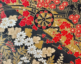 Origami -Yuzen Washi -Chiyogami -Silk Screen Paper -Craft Paper -Various Sizes -(S)Antique Carriage in Midnight Japanese Garden Pattern #570