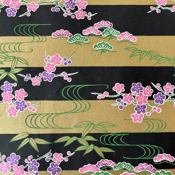 Origami -Yuzen Washi -Chiyogami -Silk Screen Paper -Craft Paper -Various Sizes -(M) Ume Plum Garden on Gold and Black Border Pattern 2 #602