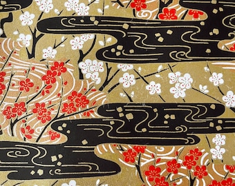 Origami -Yuzen Washi -Chiyogami -Silk Screen Paper -Craft Paper -Various Sizes -(S)Red and White Plum Blossoms on Black Streams Pattern #574