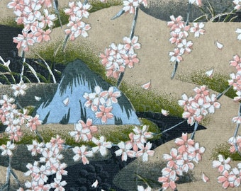 May include: A vintage Japanese print depicting a mountain scene with pink and white cherry blossoms. The background is a light brown colour with a textured pattern.