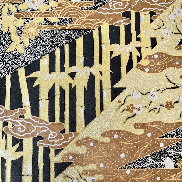 Origami -Yuzen Washi -Chiyogami -Silk Screen Paper -Craft Paper -Various Sizes - (S) Gold, Black, and Silver Garden of Bamboo Pattern #559