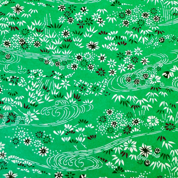 Origami -Yuzen Washi -Chiyogami -Silk Screen Paper -Craft Paper -Various Sizes -White Japanese Garden on Bright Green Pattern #927