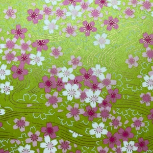 Origami -Yuzen Washi -Chiyogami - Silk Screen Paper -Craft Paper -Various Sizes (I) Pink & White Swirls Sakura on Light Green Pattern #105