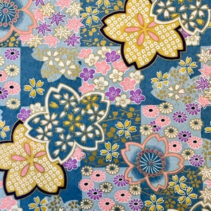 Origami -Yuzen Washi -Chiyogami -Silk Screen Paper -Craft Paper -Various Sizes (M) Patchwork of Pastel Florals on Blue Pattern #862