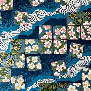 Origami -Yuzen Washi -Chiyogami -Silk Screen Paper -Craft Paper -Various Sizes -(M) Dancing Floral Squares and Waves on Blue Pattern #1039
