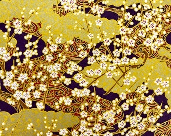 Origami -Yuzen Washi -Chiyogami -Silk Screen Paper -Craft Paper -Various Sizes -White Sakura Cherry Blossom Trees on Gold&Purple Waves #347