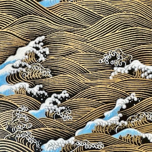 May include: A black and gold patterned fabric with a repeating design of stylized waves. The waves are outlined in black and filled with a gold color. The fabric has a textured surface.