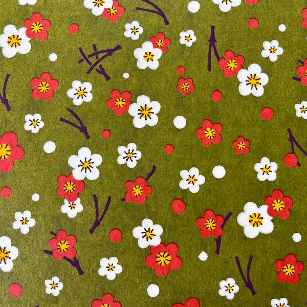 Origami -Yuzen Washi -Chiyogami - Silk Screen Paper -Craft Paper -Various Sizes - White and Red Ume Plum Flowers on Olive Green Pattern #418
