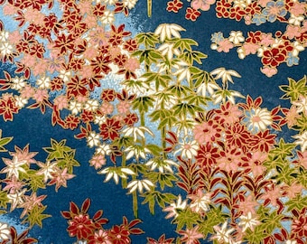 Origami -Yuzen Washi -Chiyogami -Silkscreenpapper -Hobbypapper -Olika storlekar - (K) Höstfärgade blommor och löv på blått mönster #1005