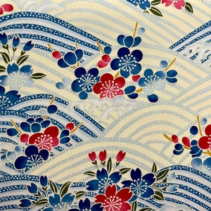 Origami -Yuzen Washi -Chiyogami -Silk Screen Paper -Craft Paper -Various Sizes (Y) Ume Plum Flowers on Blue and White Waves Pattern #326