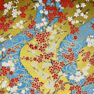 Origami -Yuzen Washi -Chiyogami -Silk Screen Paper -Craft Paper -Various Sizes -Red Stream of Ume Plum Flowers on Gold and Blue Pattern #184
