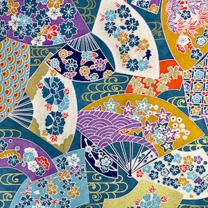 Origami -Yuzen Washi -Chiyogami - Silk Screen Paper -Craft Paper -Various Sizes  (Y) Colorful Floral Fans Galore on Blue Pattern #292