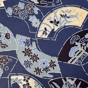 Origami -Yuzen Washi -Chiyogami -Silk Screen Paper -Craft Paper -Various Sizes -Large Japanese Botanical Fans on Blue Pattern #1138 2202