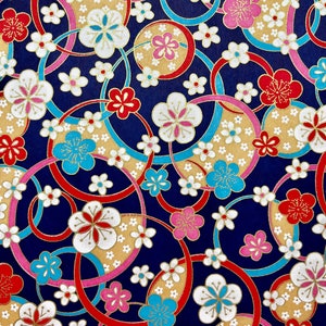 Origami -Yuzen Washi -Chiyogami - Silk Screen Paper -Craft Paper -Various Sizes -(Y) Circling Ume Plum Flowers on Blue Pattern #130