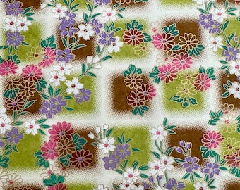 Origami -Yuzen Washi -Chiyogami -Silk Screen Paper -Craft Paper -Various Sizes -(Y)  Pastel Florals on Green and Brown Blocks Pattern #945-B