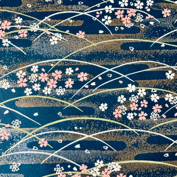 Origami -Yuzen Washi -Chiyogami -Silk Screen Paper -Craft Paper -Various Sizes (M) Overlapping Metallic Lines & Sakura on Blue Pattern #874