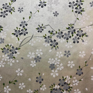 Origami -Yuzen Washi -Chiyogami -Silk Screen Paper -Craft Paper -Various Sizes -Grey and White Sakura Cherry Blossoms on Silver Pattern #175
