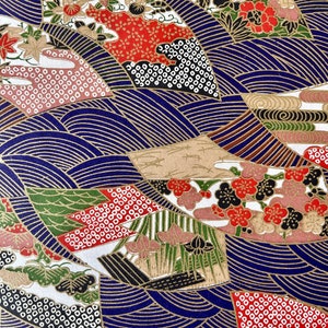 Origami -Yuzen Washi -Chiyogami -Silk Screen Paper -Craft Paper -Various Size - (T) Overlapping Blue Waves and Japanese Floral Pattern #688