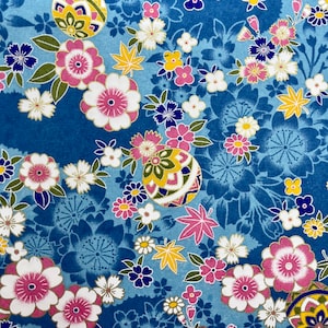 Origami -Yuzen Washi -Chiyogami -Silk Screen Paper -Craft Paper -Various Sizes (Y) Temari and Japanese Blossoms on Lite Blue Pattern #333