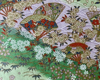 Origami -Yuzen Washi -Chiyogami -Silkscreenpapper -Hobbypapper -Olika storlekar - (M) Blomströmmar, solfjädrar, Seigaiha på pastellgrönt #700