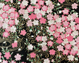 Origami - Yuzen Washi - Chiyogami - Carta serigrafica - Carta artigianale - Varie misure - (S) Fiori di ciliegio rosa Sakura su sfondo nero Modello n. 588