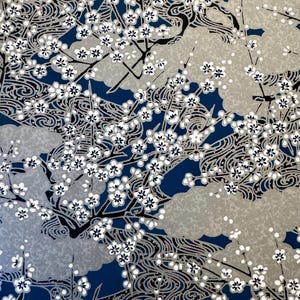 Origami -Yuzen Washi -Chiyogami - Silk Screen Paper -Craft Paper -Various Sizes (K) Silver Sakura Cherry Blossom Trees on Blue Pattern #1186