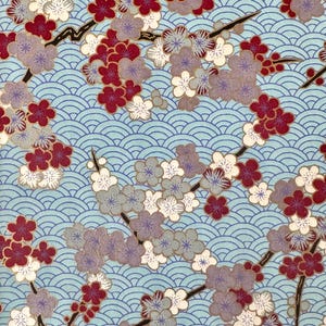 Origami -Yuzen Washi -Chiyogami -Silk Screen Paper -Craft Paper -Various Sizes -(M) Blossoming Flowers & Seigaiha on alt Blue Pattern #1065
