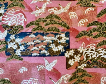 Origami - Yuzen Washi - Chiyogami - Carta serigrafica - Carta artigianale - Varie misure - (M) Pini e gru Matsu verdi su sfondo rosa, modello n. 1098