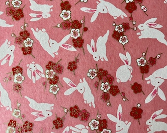 Origami -Yuzen Washi -Chiyogami -Silk Screen Paper -Craft Paper -Various Size -Red Plum Flowers and Bunnies on Pink Pattern #621 7805