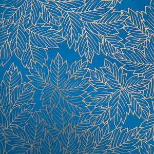 May include: A repeating pattern of gold-colored leaves with detailed veins against a vibrant blue background. The leaves are stylized and arranged to create a textured, organic design. This pattern is suitable for fabric or wallpaper.