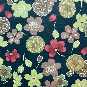 May include: A dark blue background with a repeating pattern of brown, green, and red flowers. The flowers are stylized and have a traditional Japanese aesthetic.