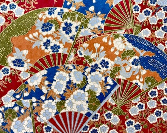 Origami - Yuzen Washi - Chiyogami - Carta serigrafica - Carta artigianale - Varie dimensioni - Grandi ventagli floreali tradizionali giapponesi su motivo rosso n. 350