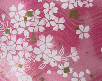 Origami - Yuzen Washi - Chiyogami - Carta serigrafica - Carta artigianale - Varie dimensioni - (S) Motivo con sakura bianca fluente su onde rosa dorate n. 756