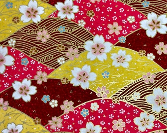 Origami -Yuzen Washi -Chiyogami - Silkscreenpapper -Hobbypapper -Olika storlekar (Y) Nyanser av rött och gyllene blommigt Seigaiha-mönster #303