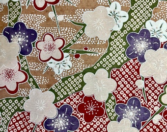 Origami -Yuzen Washi -Chiyogami -Silk Screen Paper -Craft Paper -Various Size (Y)Vintage Sakura Blossoms on Red & Green Shibori Pattern #297