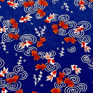 Origami -Yuzen Washi -Chiyogami - Silk Screen Paper -Craft Paper -Various Sizes -Goldfish in Dark Blue Pond Pattern #210
