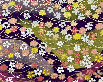 Origami - Yuzen Washi - Chiyogami - Siebdruckpapier - Kraftpapier -(M) Blumenberge auf Lila und Grün Muster #143