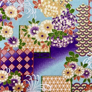 Origami -Yuzen Washi -Chiyogami -Silk Screen Paper -Craft Paper -Various Sizes (Y) Garden of Chrysanthemum and Seigaiha Blue Pattern #334