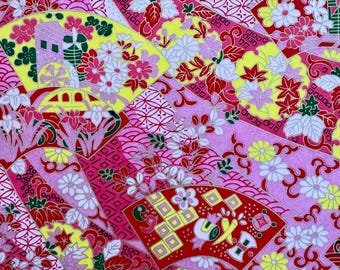 Origami - Yuzen Washi - Chiyogami - Carta serigrafica - Carta da disegno - Varie dimensioni - (Y) Ventagli floreali gialli e rossi su sfondo rosa Wagara #1086