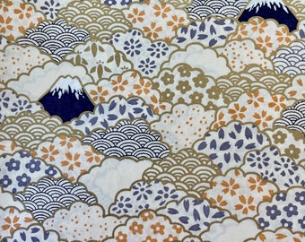May include: A white background with a repeating pattern of gold, blue and orange stylised floral and wave designs. The pattern includes stylised mountains with white peaks.