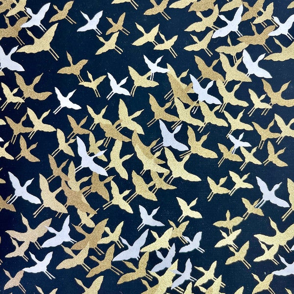 Origami -Yuzen Washi -Chiyogami -Silk Screen Paper -Craft Paper -Various Sizes (M) Gold and White Flocking Cranes on Black Pattern #271