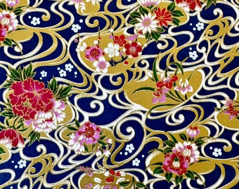 Origami - Yuzen Washi - Chiyogami - Carta serigrafica - Carta artigianale - Varie misure (M) Vortici di fiori dorati e bianchi su sfondo blu Modello n. 896