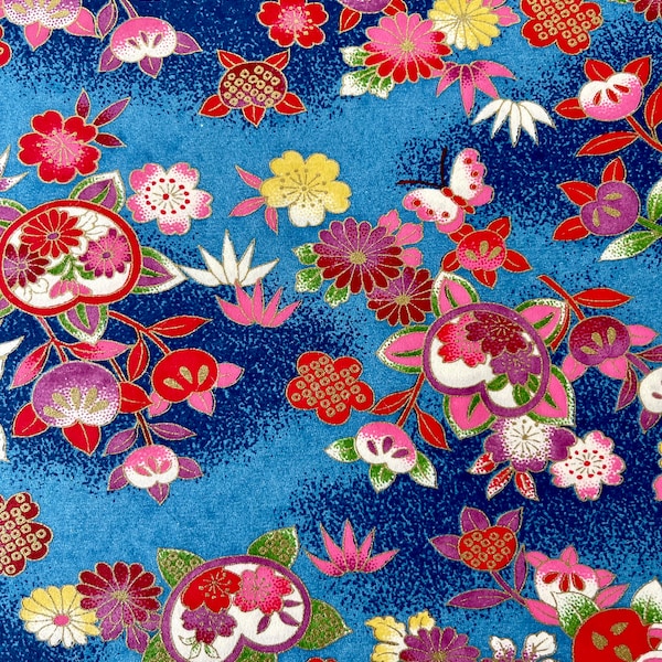 Origami -Yuzen Washi -Chiyogami - Silk Screen Paper -Craft Paper -Various Sizes -(Y)Japanese Flowers Floating in Blue Water Pattern #479