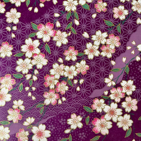 Origami -Yuzen Washi -Chiyogami -Silk Screen Paper -Craft Paper -Various Size -(M) Sakura Cherry Blossoms and Asanoha on Purple Pattern #710