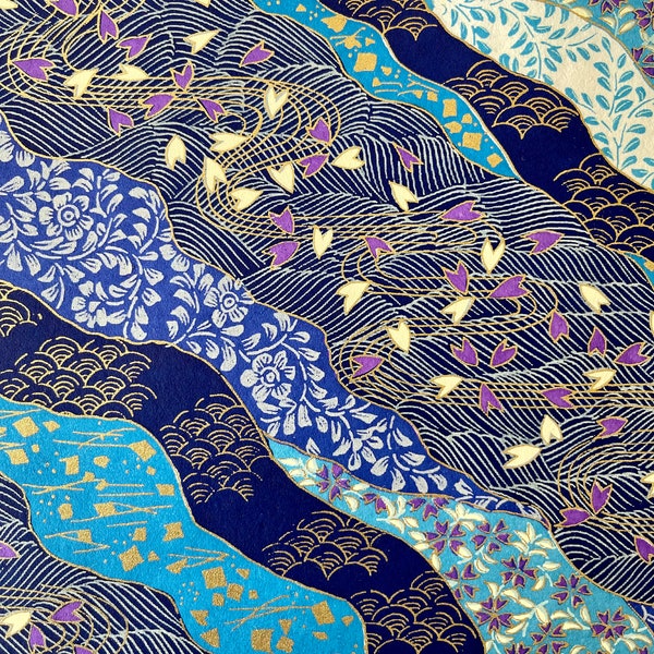 Origami -Yuzen Washi -Chiyogami -Silk Screen Paper -Craft Paper -Various Sizes -(M) Blue Shibori and Wagara Floral Streams Pattern #616