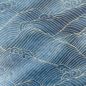 Origami -Yuzen Washi -Chiyogami - Silk Screen Paper -Craft Paper -Various Sizes - Golden Nami Waves on Blue Pattern #497