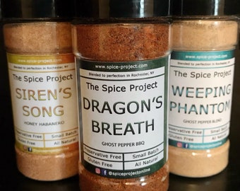 SPICY Seasoning Set (3) -- garlic ghost pepper herb and BBQ, honey habanero all-natural, preservative-free Summer grilling cooking fun