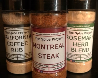 Steak Seasoning Set (3) - Montreal, California coffee, rosemary herb dry rub all-natural preservative-free Summer grilling cooking fun