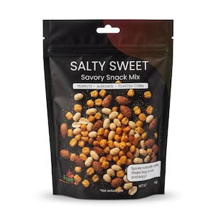 May include: A black snack pouch labeled SALTY SWEET Savory Snack Mix containing peanuts, almonds, and toasted corn. The packaging features white text, a hanging hole, and a note stating Spices naturally settle. Shake bag to mix and enjoy!